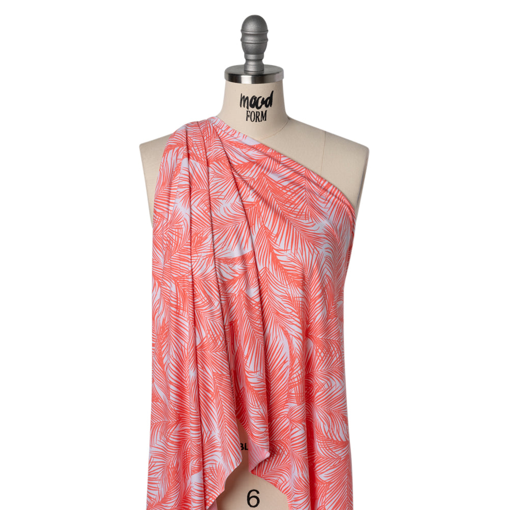 Stretch Polyester ITY Jersey Print - Coral Pink and White Palm Fronds - Deadstock