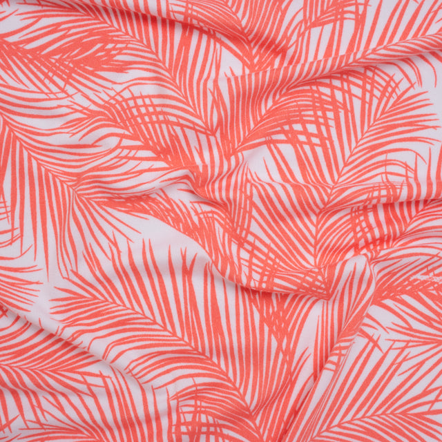 Stretch Polyester ITY Jersey Print - Coral Pink and White Palm Fronds - Deadstock