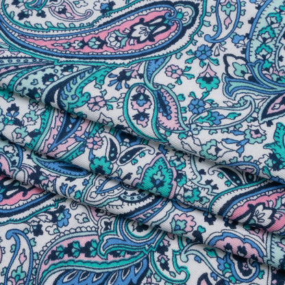 Stretch Rayon Jersey Print - Blue, Mint Green and Pink Paisley - Deadstock