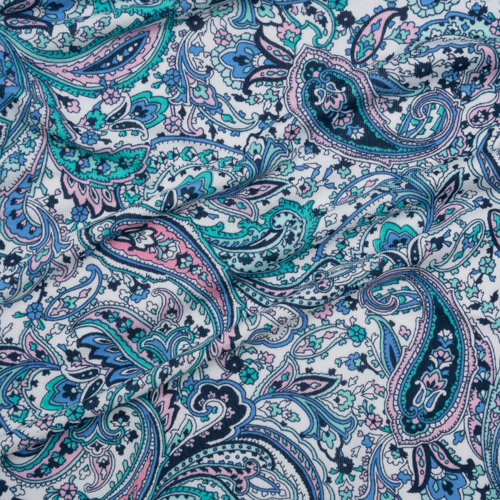 Stretch Rayon Jersey Print - Blue, Mint Green and Pink Paisley - Deadstock