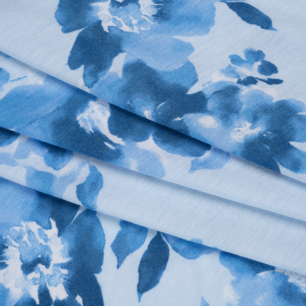 Stretch Rayon Jersey Print - Blue Tonal Watercolor Floral - Deadstock