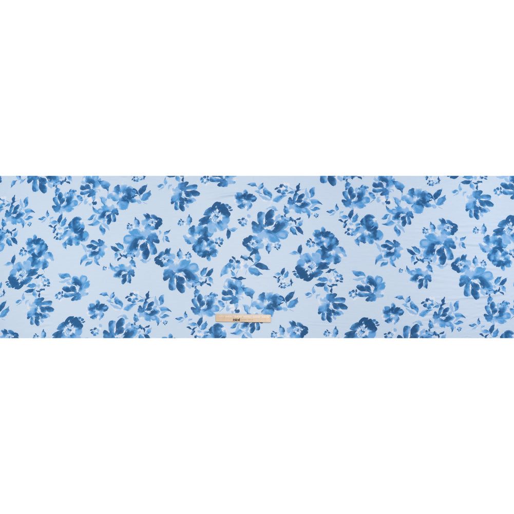 Stretch Rayon Jersey Print - Blue Tonal Watercolor Floral - Deadstock