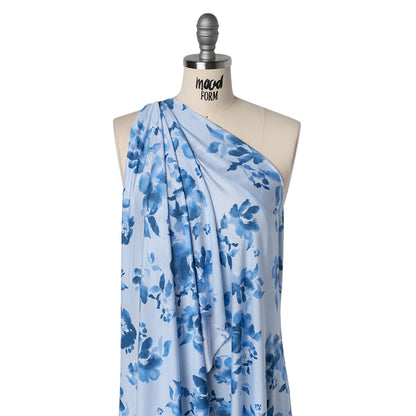 Stretch Rayon Jersey Print - Blue Tonal Watercolor Floral - Deadstock