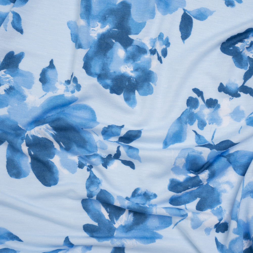 Stretch Rayon Jersey Print - Blue Tonal Watercolor Floral - Deadstock