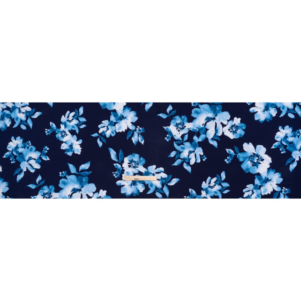 Stretch Rayon Jersey Print - Navy, Blue and White Watercolor Floral - Deadstock