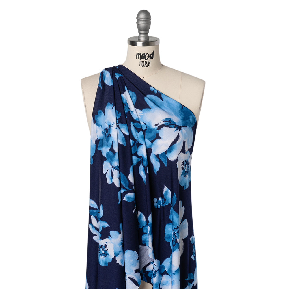 Stretch Rayon Jersey Print - Navy, Blue and White Watercolor Floral - Deadstock