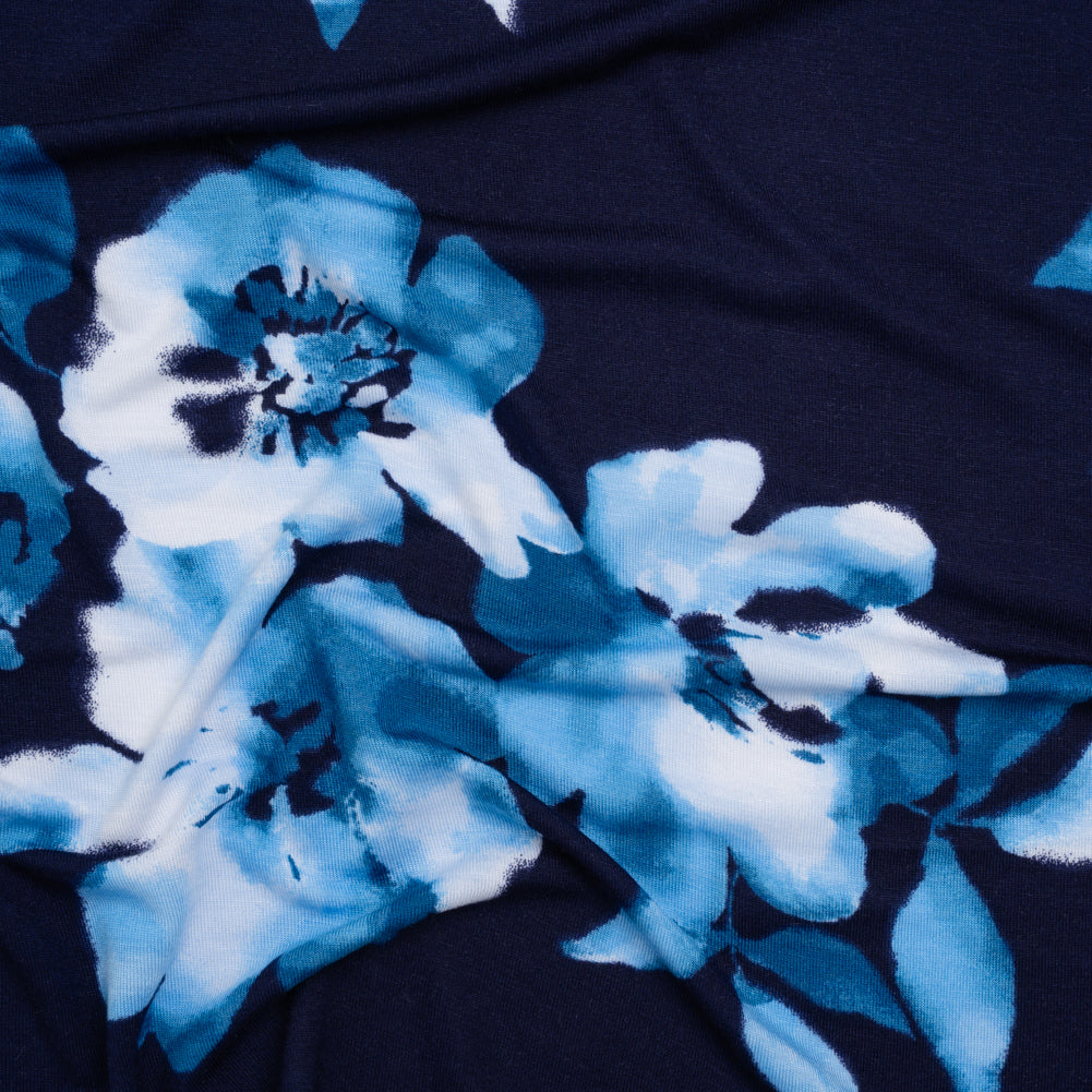 Stretch Rayon Jersey Print - Navy, Blue and White Watercolor Floral - Deadstock