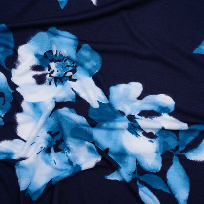 Stretch Rayon Jersey Print - Navy, Blue and White Watercolor Floral - Deadstock