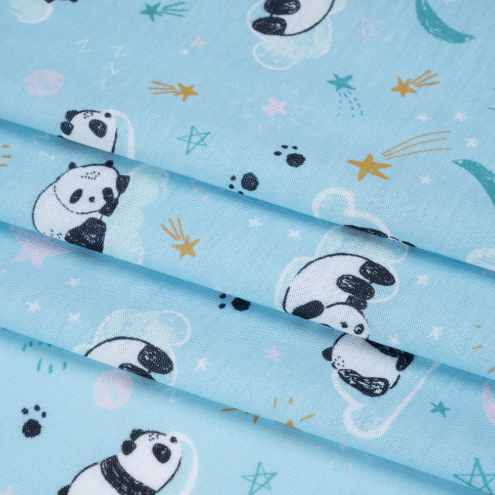 Recycled Polyester Jersey Print - Sky Blue, Black and White Sleepy Pandas - Deadstock