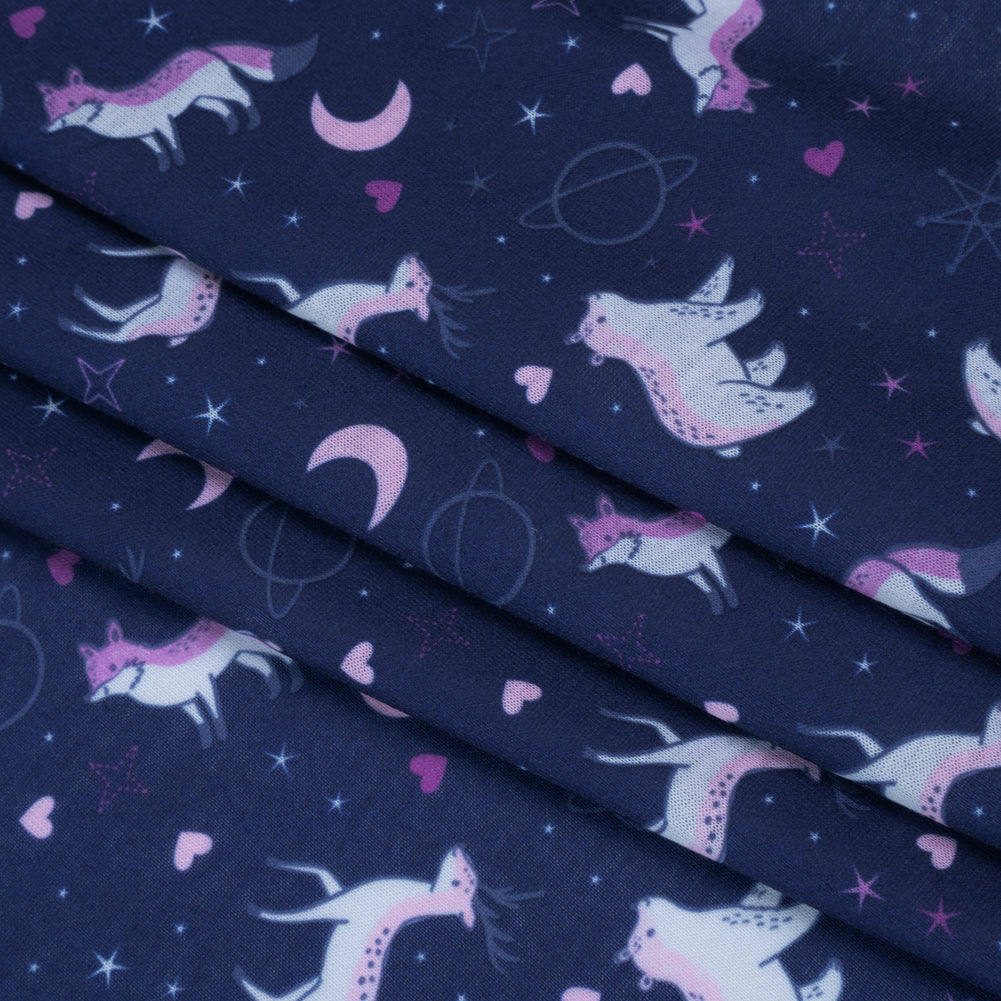 Recycled Polyester Jersey Print - Navy, Purple and White Celestial Animals - Deadstock