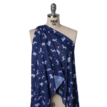 Recycled Polyester Jersey Print - Navy, Purple and White Celestial Animals - Deadstock