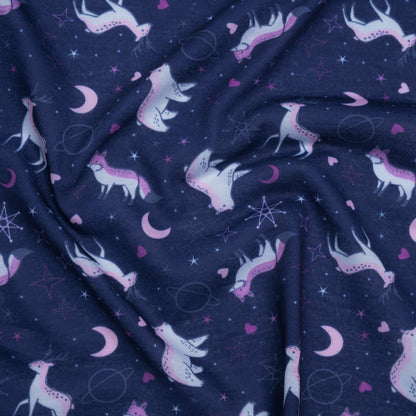 Recycled Polyester Jersey Print - Navy, Purple and White Celestial Animals - Deadstock