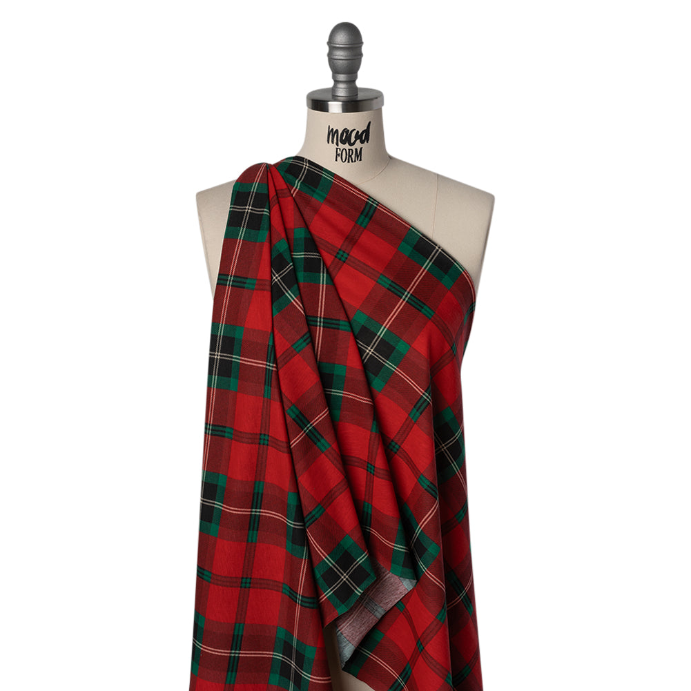 Cotton and Polyester Jersey Print - Red, Green and Black Holiday Tartan Plaid - Deadstock