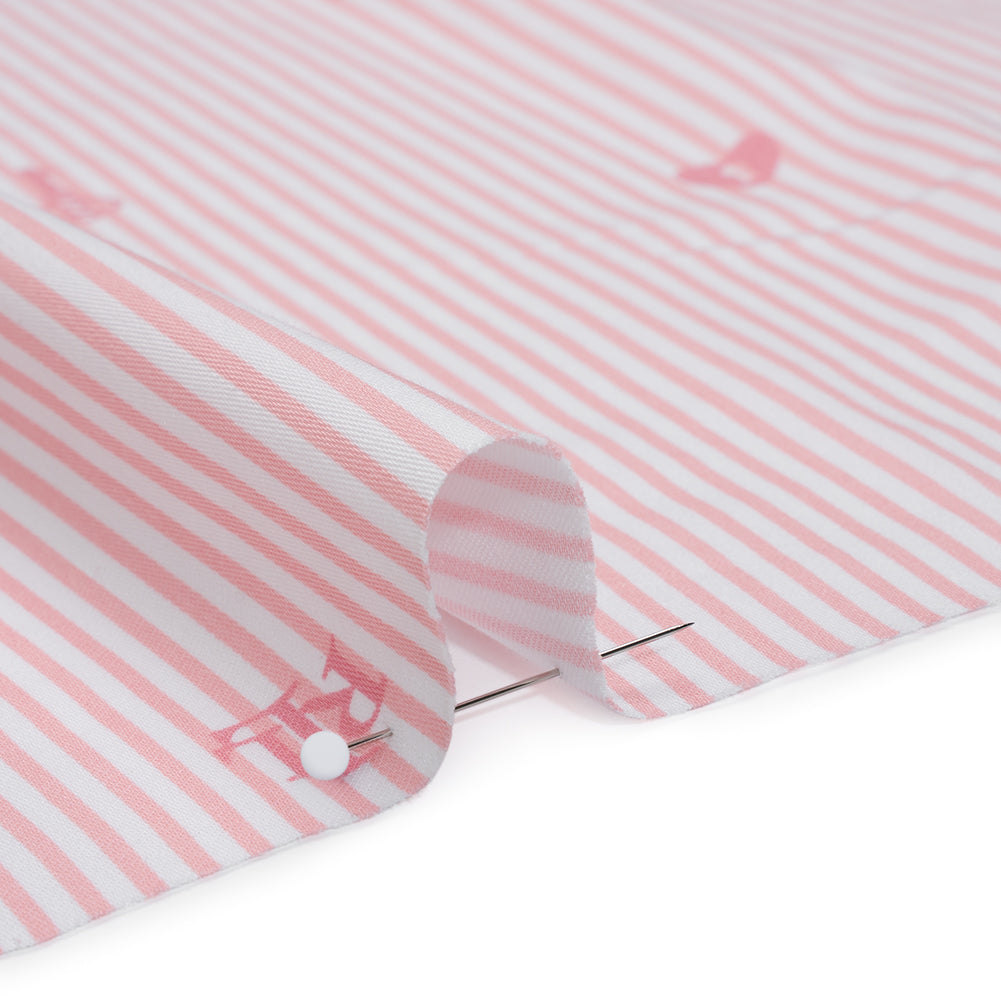 Cotton and Rayon Woven Shirting by Ralph Lauren - Pink and White Candy Stripes with Locket Keys and Monograms - Deadstock