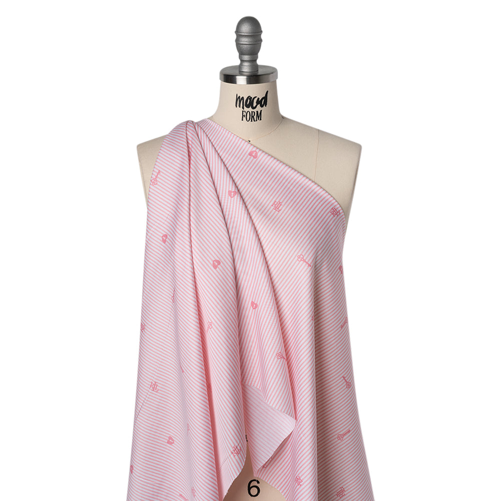 Cotton and Rayon Woven Shirting by Ralph Lauren - Pink and White Candy Stripes with Locket Keys and Monograms - Deadstock