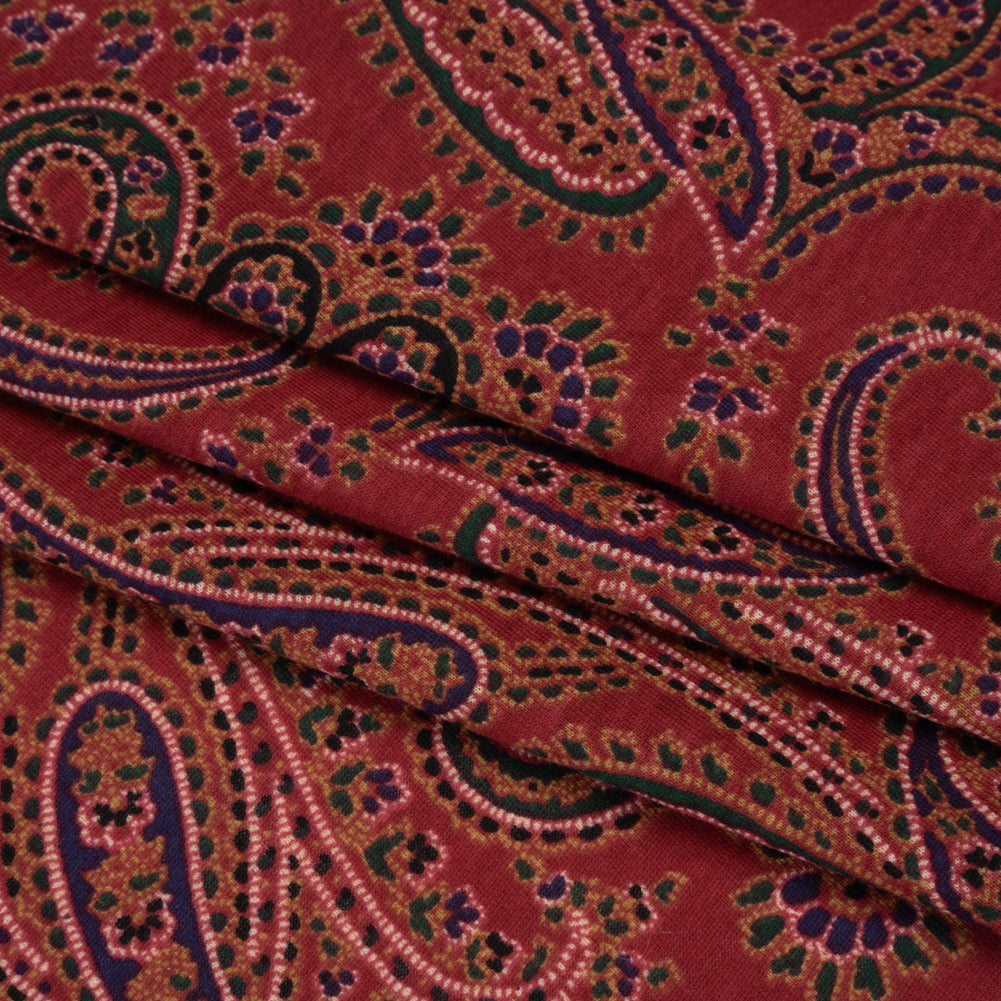 Cotton and Polyester Jersey Print - Dark Red, Green and Gold Paisley - Deadstock