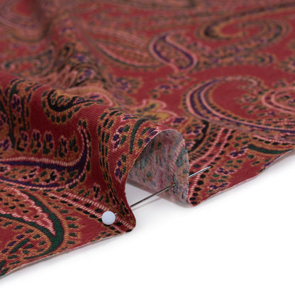 Cotton and Polyester Jersey Print - Dark Red, Green and Gold Paisley - Deadstock