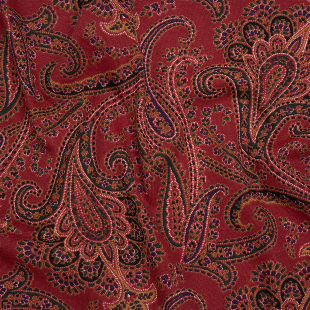 Cotton and Polyester Jersey Print - Dark Red, Green and Gold Paisley - Deadstock