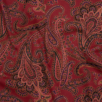 Cotton and Polyester Jersey Print - Dark Red, Green and Gold Paisley - Deadstock