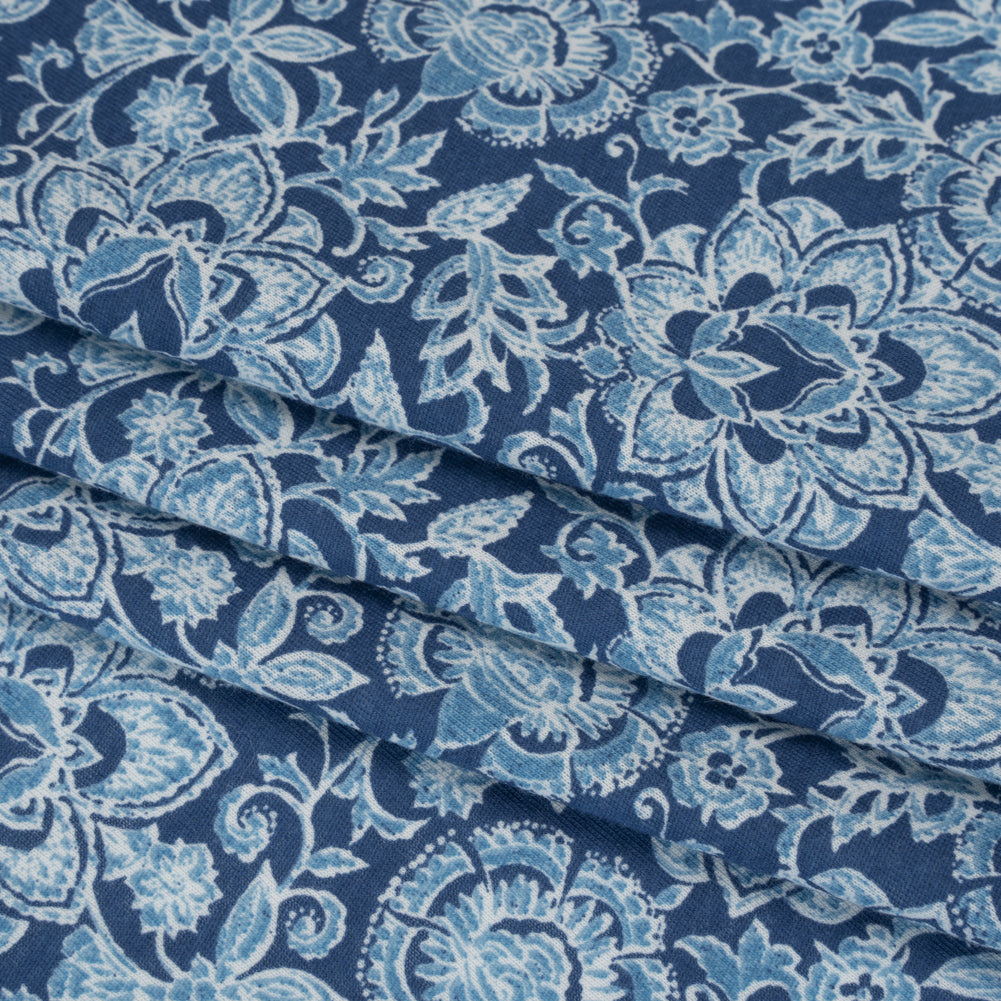Cotton and Polyester Jersey Print - Dark Blue, Country Blue and White Floral - Deadstock