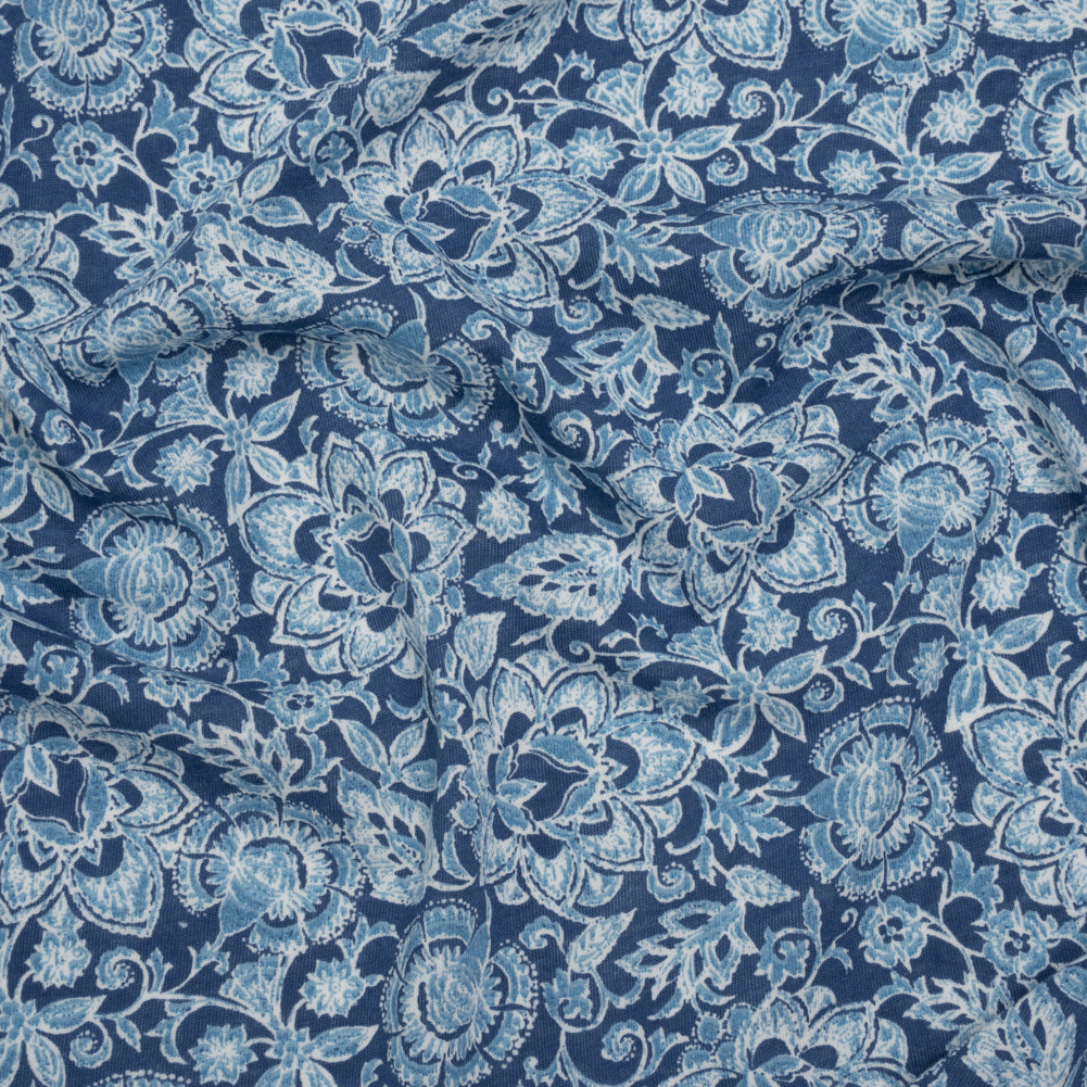 Cotton and Polyester Jersey Print - Dark Blue, Country Blue and White Floral - Deadstock
