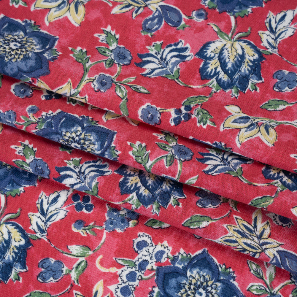 Cotton and Polyester Jersey Print - Pinkish Red, Navy Blue and Beige Floral - Deadstock