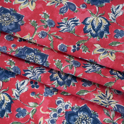 Cotton and Polyester Jersey Print - Pinkish Red, Navy Blue and Beige Floral - Deadstock
