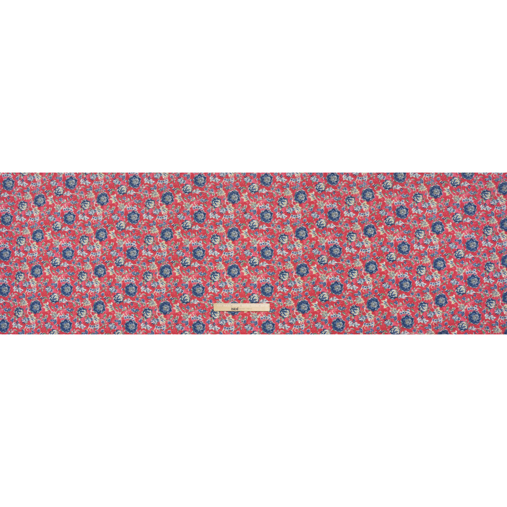 Cotton and Polyester Jersey Print - Pinkish Red, Navy Blue and Beige Floral - Deadstock