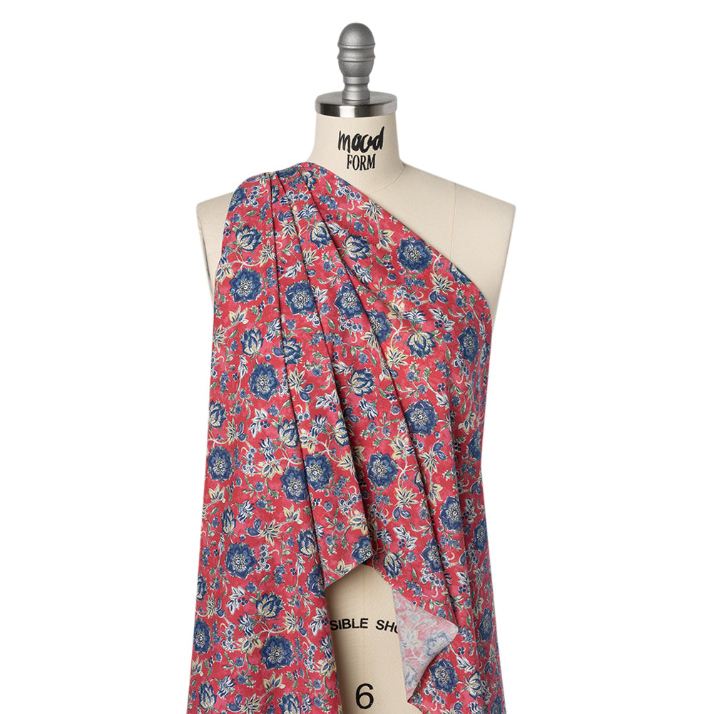 Cotton and Polyester Jersey Print - Pinkish Red, Navy Blue and Beige Floral - Deadstock