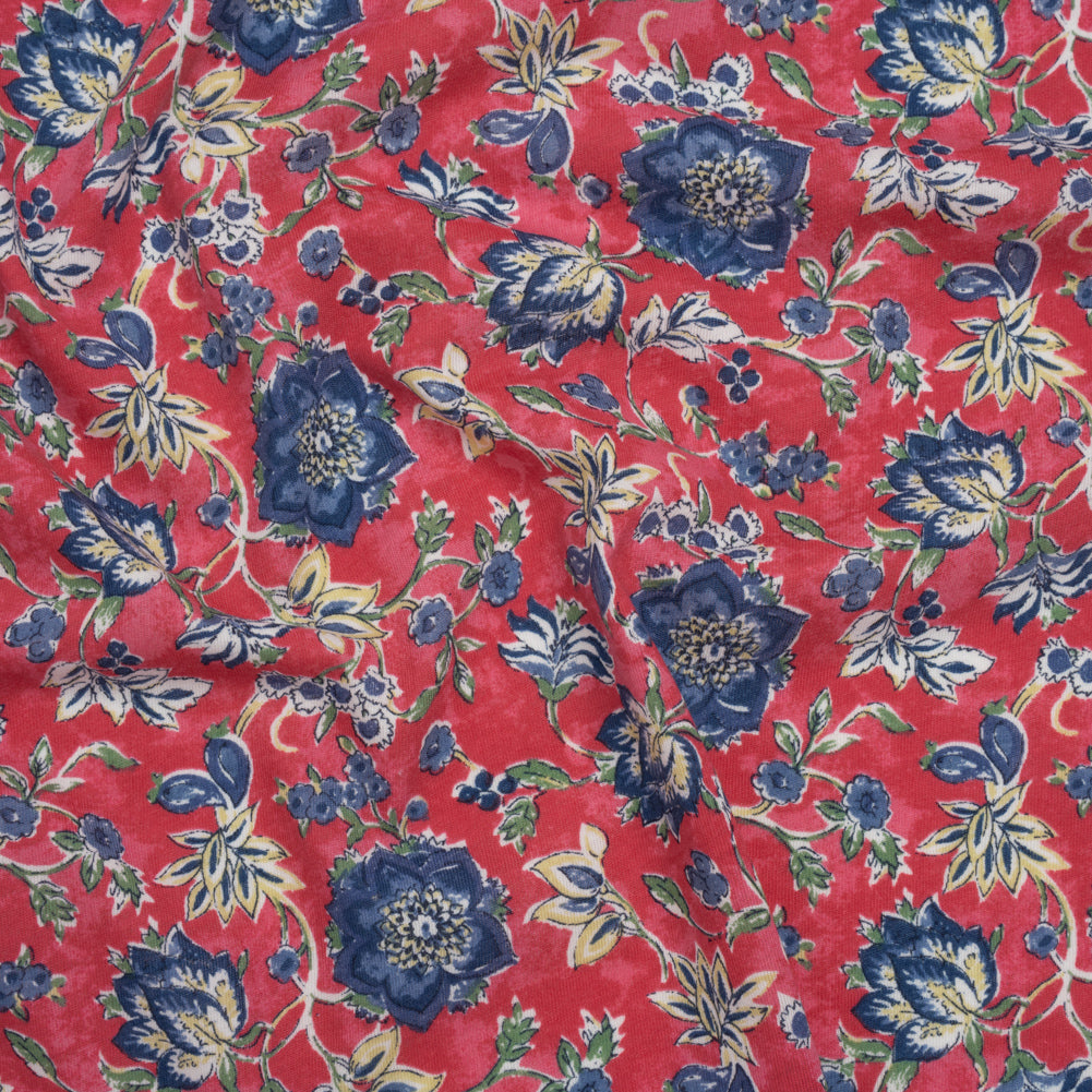 Cotton and Polyester Jersey Print - Pinkish Red, Navy Blue and Beige Floral - Deadstock