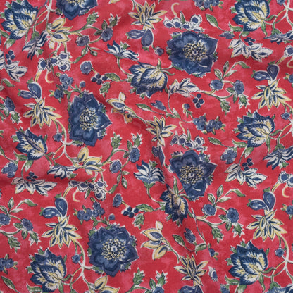 Cotton and Polyester Jersey Print - Pinkish Red, Navy Blue and Beige Floral - Deadstock