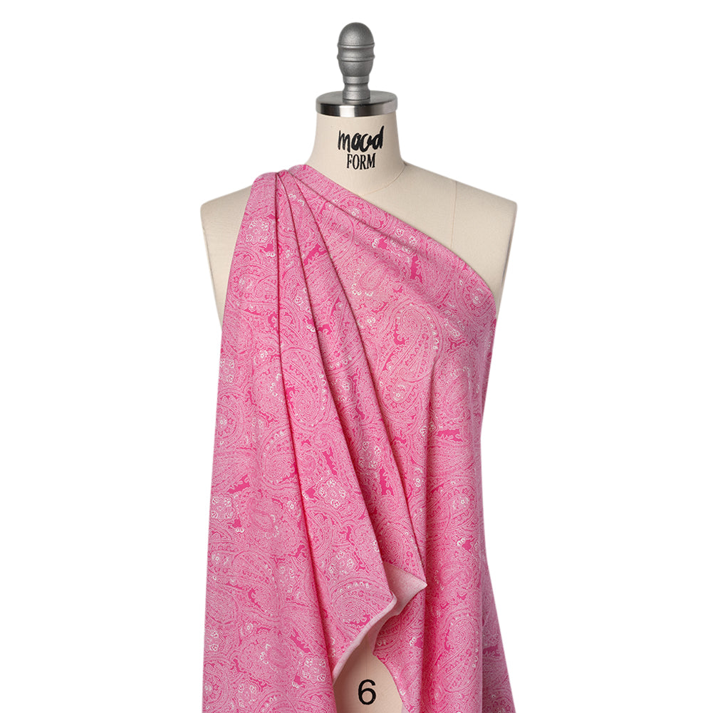 Cotton and Polyester Jersey Print - Hot Pink and White Paisley - Deadstock