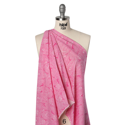 Cotton and Polyester Jersey Print - Hot Pink and White Paisley - Deadstock