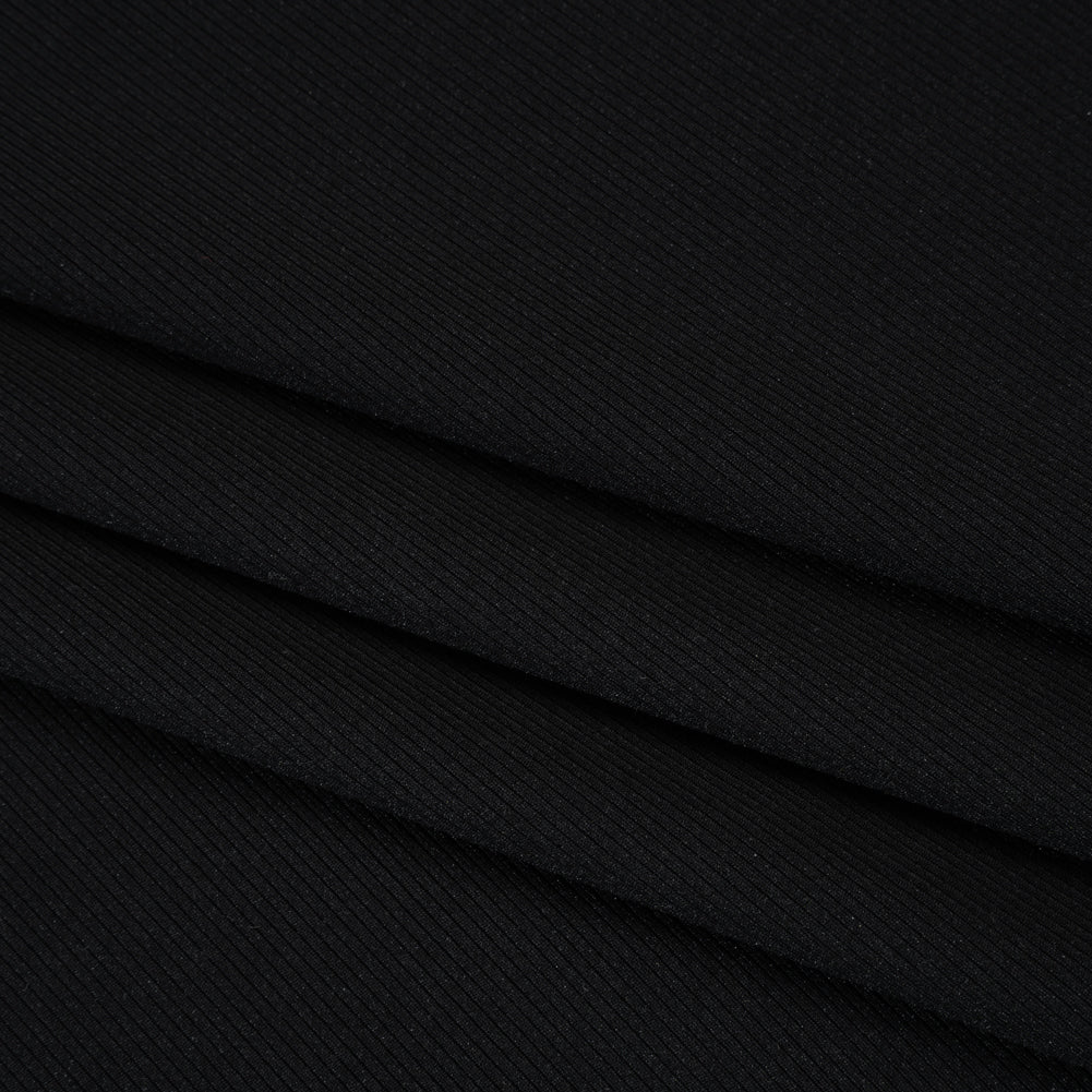 Stretch Recycled Polyester 1x1 Rib Knit - Jet Black - Deadstock