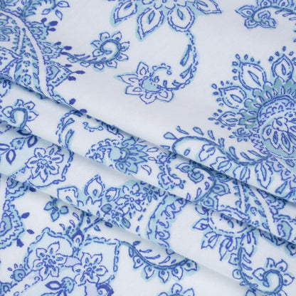 Cotton and Polyester Jersey Print - White, Blue and Mint Green Paisley - Deadstock