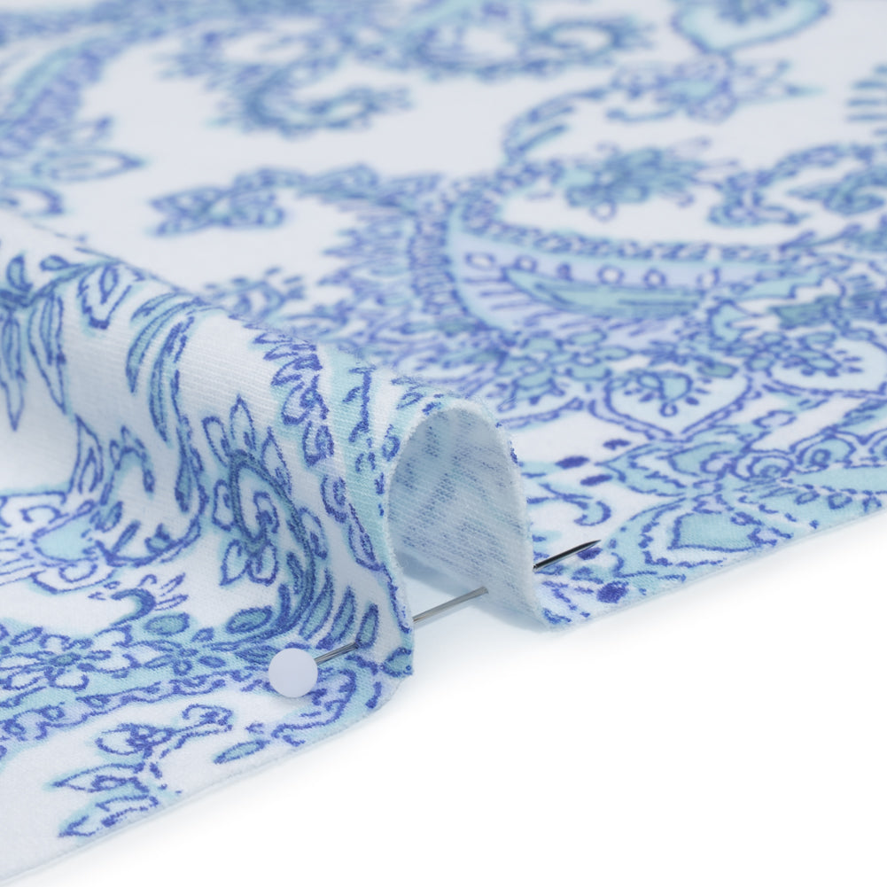 Cotton and Polyester Jersey Print - White, Blue and Mint Green Paisley - Deadstock