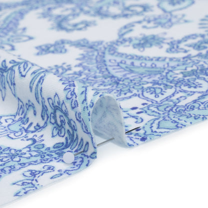 Cotton and Polyester Jersey Print - White, Blue and Mint Green Paisley - Deadstock