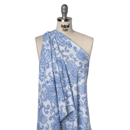 Cotton and Polyester Jersey Print - White, Blue and Mint Green Paisley - Deadstock