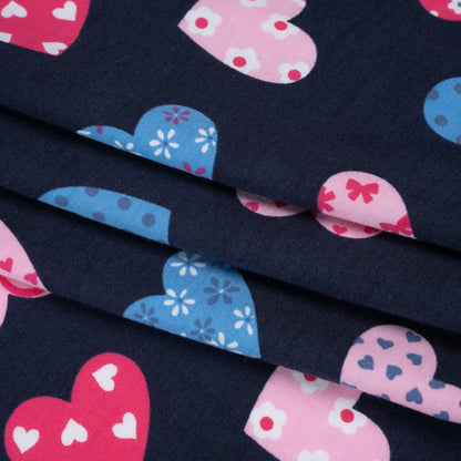 Stretch Cotton and Modal Jersey Print - Navy Blue and Pink Patterned Hearts - Deadstock