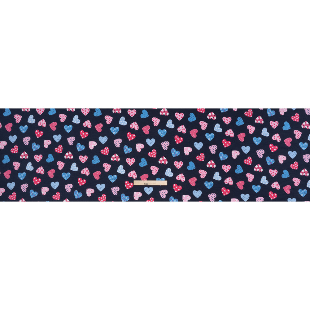 Stretch Cotton and Modal Jersey Print - Navy Blue and Pink Patterned Hearts - Deadstock