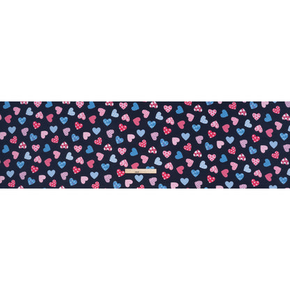 Stretch Cotton and Modal Jersey Print - Navy Blue and Pink Patterned Hearts - Deadstock