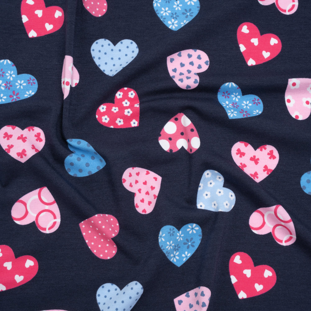 Stretch Cotton and Modal Jersey Print - Navy Blue and Pink Patterned Hearts - Deadstock