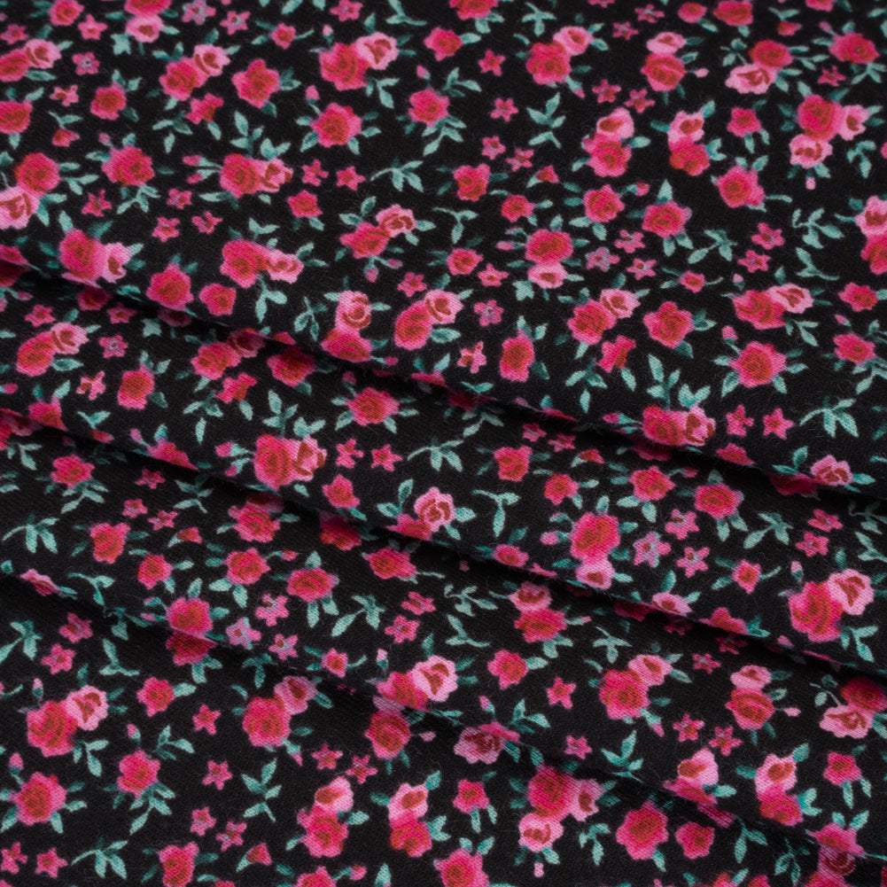 Cotton Jersey Print - Black, Pink and Green Little Roses - Deadstock