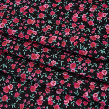 Cotton Jersey Print - Black, Pink and Green Little Roses - Deadstock