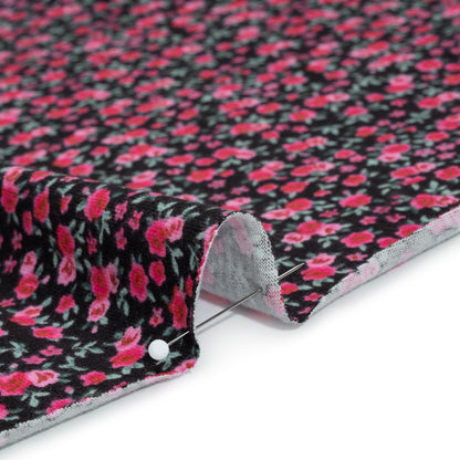 Cotton Jersey Print - Black, Pink and Green Little Roses - Deadstock