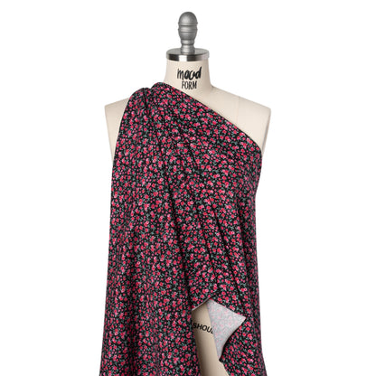 Cotton Jersey Print - Black, Pink and Green Little Roses - Deadstock