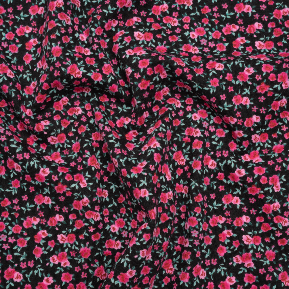 Cotton Jersey Print - Black, Pink and Green Little Roses - Deadstock