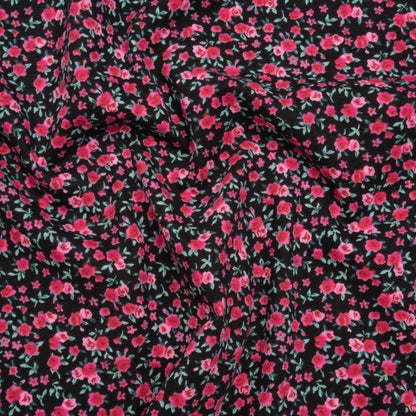 Cotton Jersey Print - Black, Pink and Green Little Roses - Deadstock