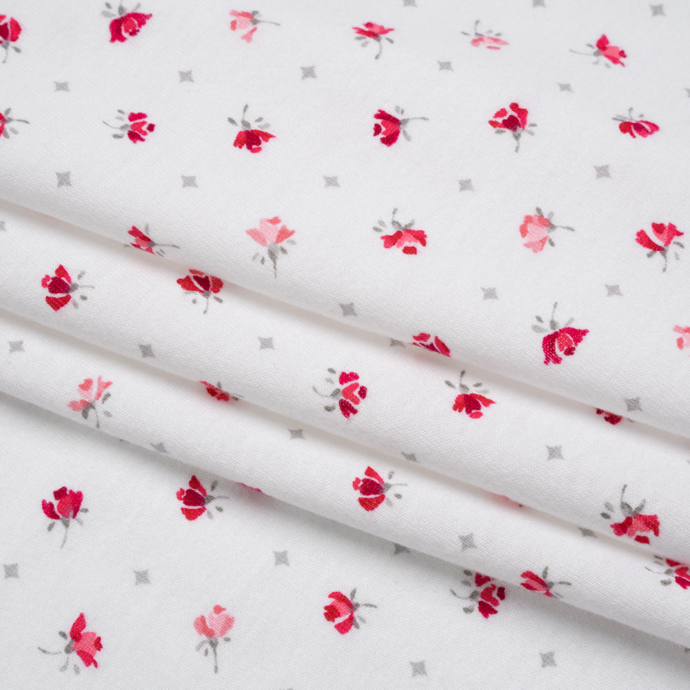 Cotton Jersey Print - Red, Gray and White Roses and Diamonds - Deadstock