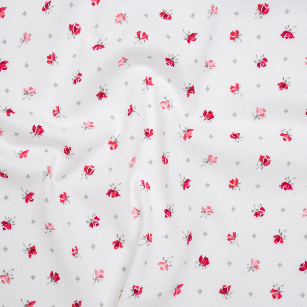 Cotton Jersey Print - Red, Gray and White Roses and Diamonds - Deadstock